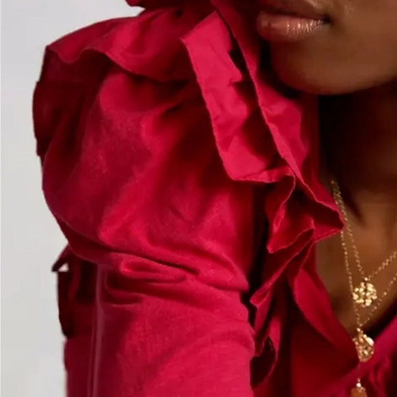 ANTHROPOLOGIE Ruffled V-Neck Top Blouse Long Sleeve Pink Tee Cotton ANTHRO NEW - Picture 3 of 3